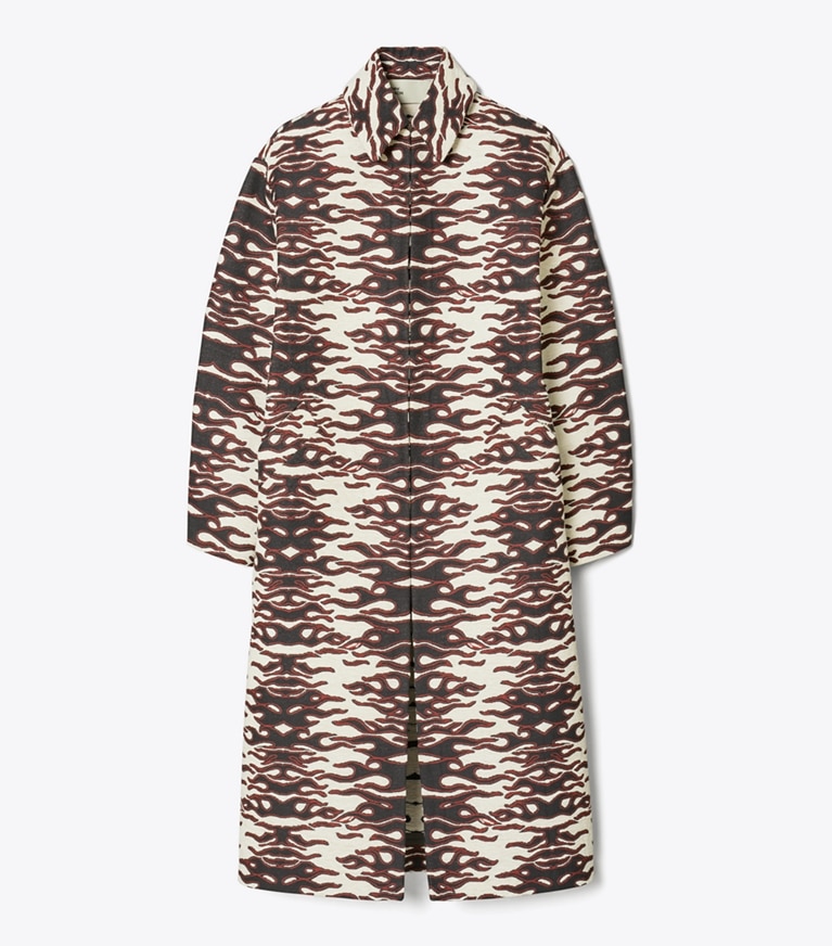 Tory Burch designer coats Jacquard Coat in Black/Red Flame Chenille Jacquard front