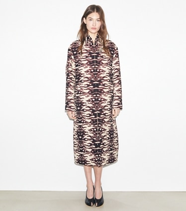 Tory Burch designer coats Jacquard Coat in Black/Red Flame Chenille Jacquard on model front