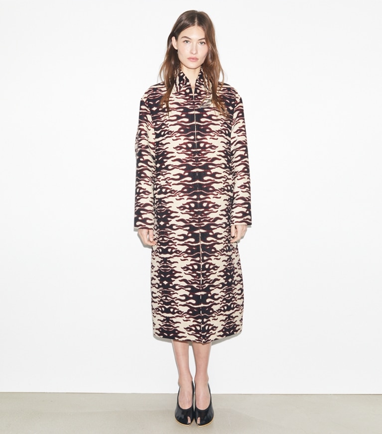Tory Burch designer coats Jacquard Coat in Black/Red Flame Chenille Jacquard front