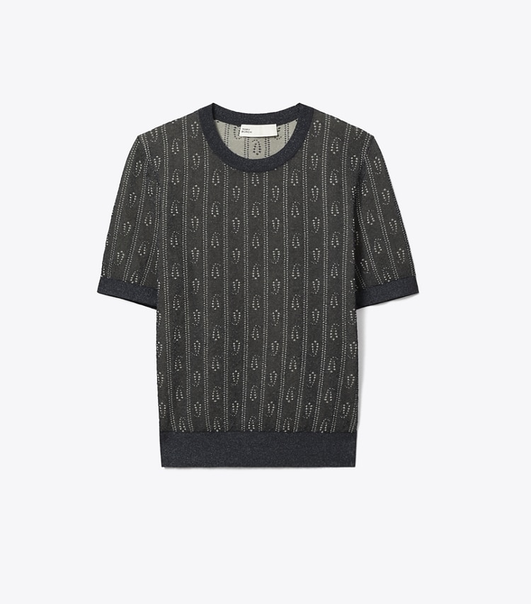 Tory Burch designer sweaters Jacquard Crewneck Top in Metallized Navy / Metallized Beige front