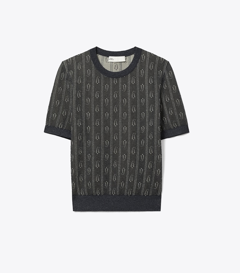 Tory Burch designer sweaters Jacquard Crewneck Top in Metallized Navy / Metallized Beige front
