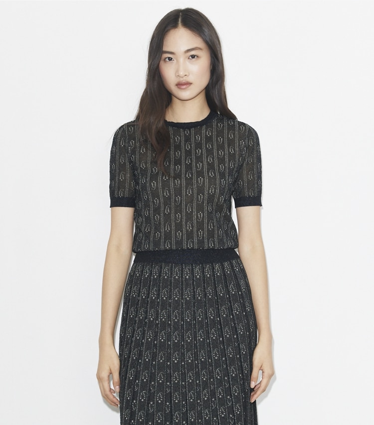 Tory Burch designer sweaters Jacquard Crewneck Top in Metallized Navy / Metallized Beige on model detail