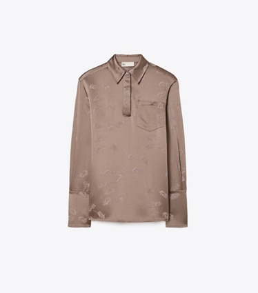 Tory Burch designer tops Jacquard Cuffed Shirt in Pale Mauve front