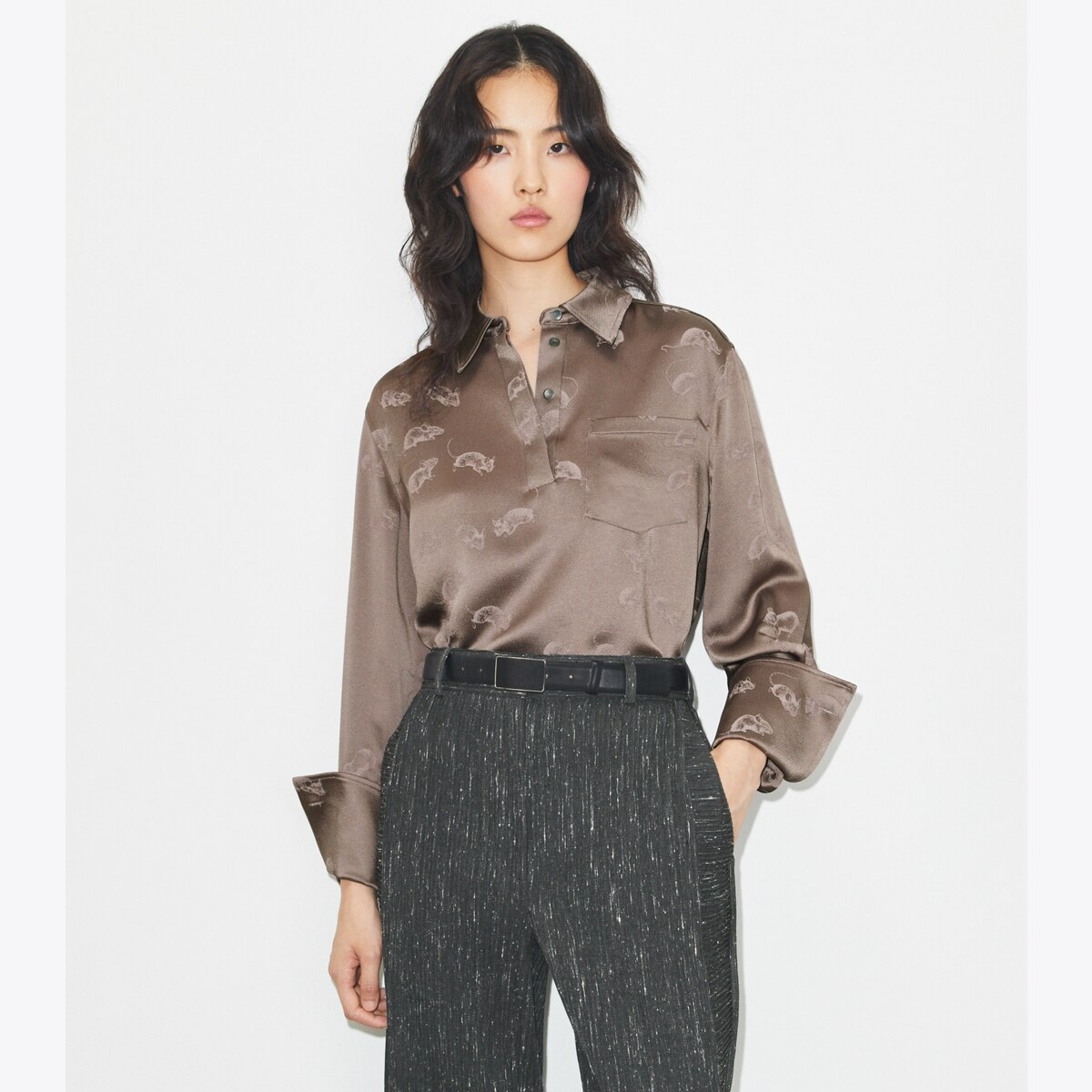 Jacquard Cuffed Shirt: Women's Clothing | Tops | Tory Burch EU
