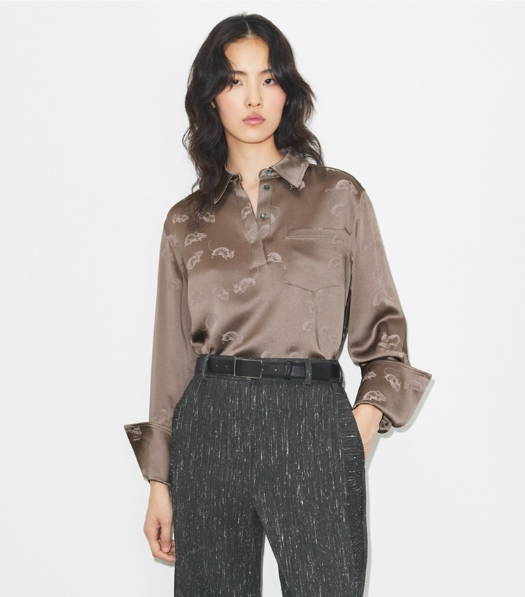 Tory Burch designer tops Jacquard Cuffed Shirt in Pale Mauve on model detail