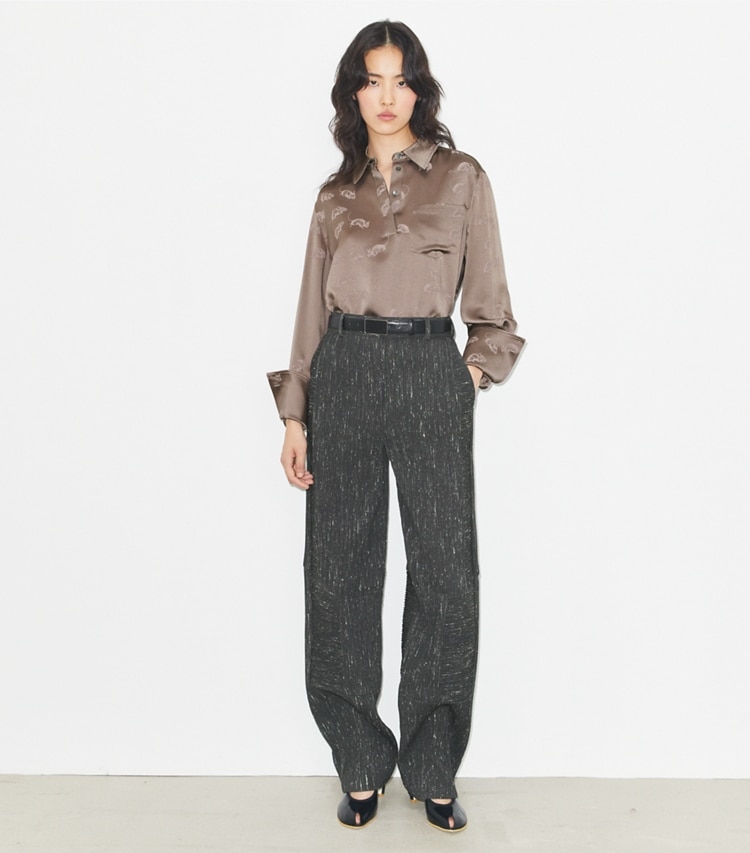 Tory Burch designer tops Jacquard Cuffed Shirt in Pale Mauve on model front