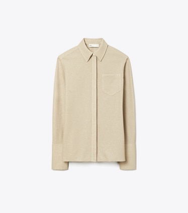 Tory Burch designer tops Jacquard Cuffed Top in Beige front