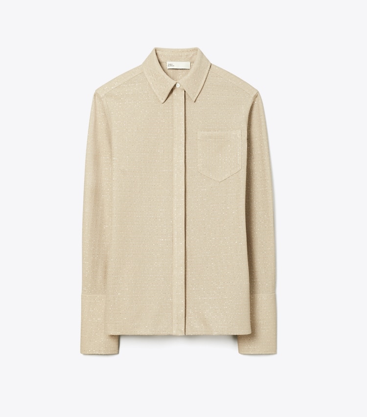 Tory Burch designer tops Jacquard Cuffed Top in Beige front