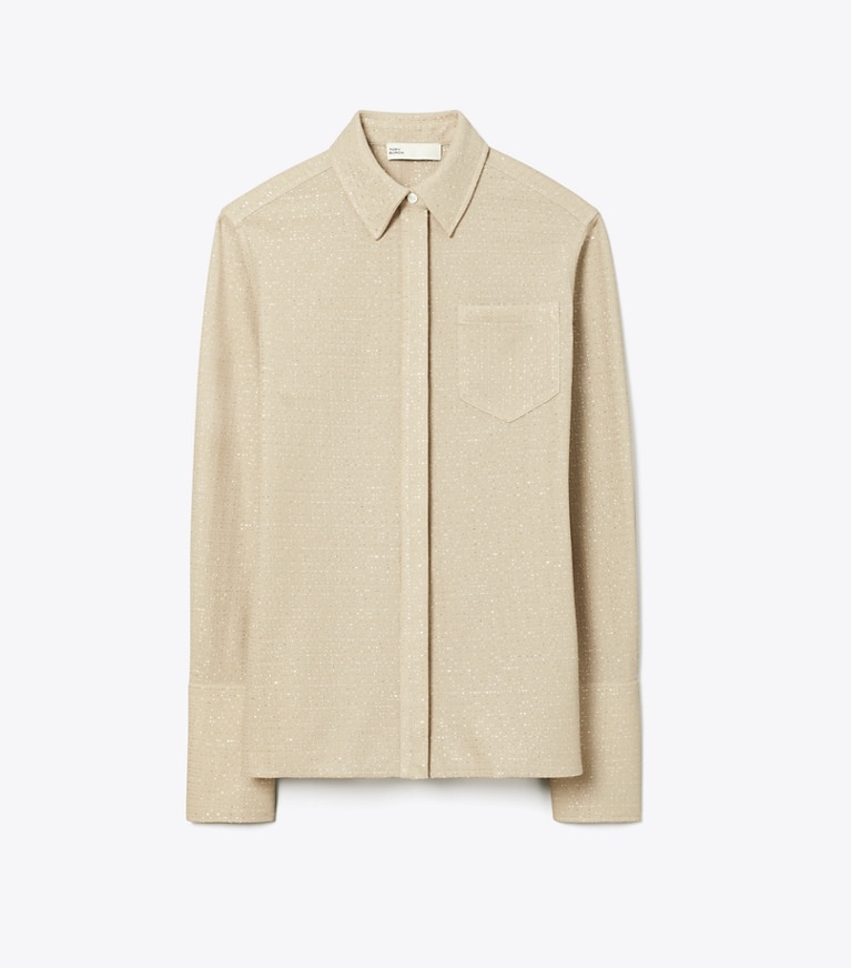 Tory Burch designer tops Jacquard Cuffed Top in Beige front