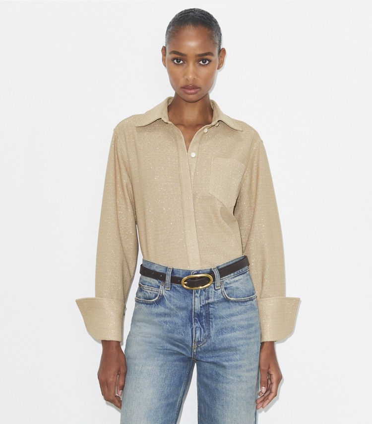 Tory Burch designer tops Jacquard Cuffed Top in Beige on model detail