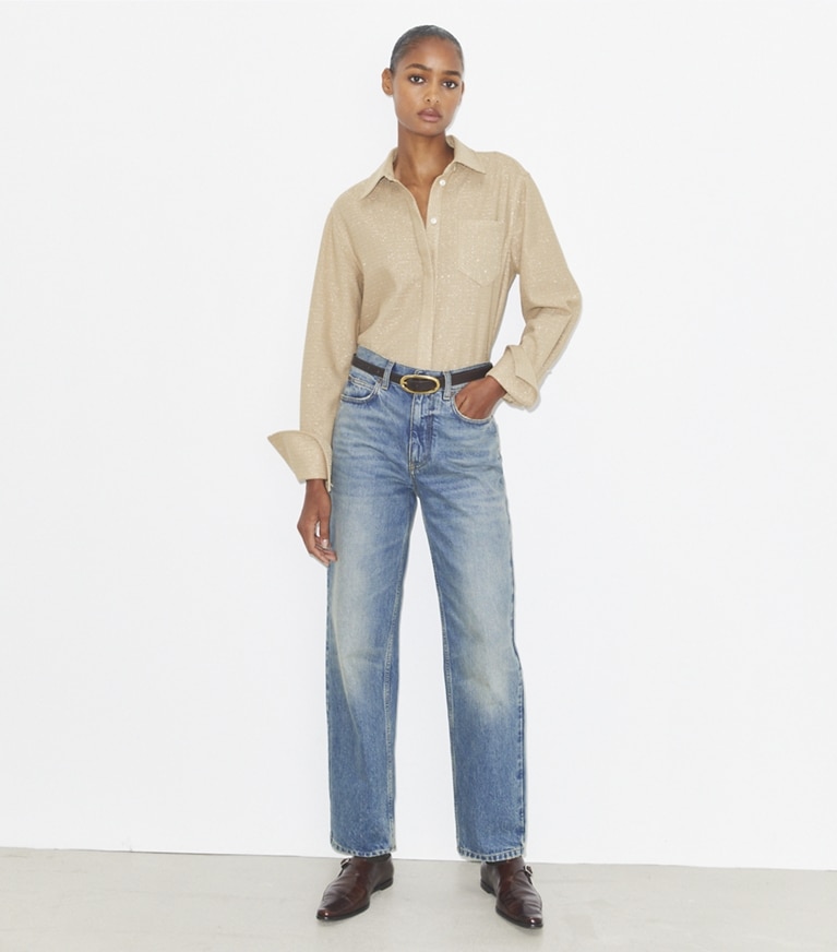 Tory Burch designer tops Jacquard Cuffed Top in Beige front