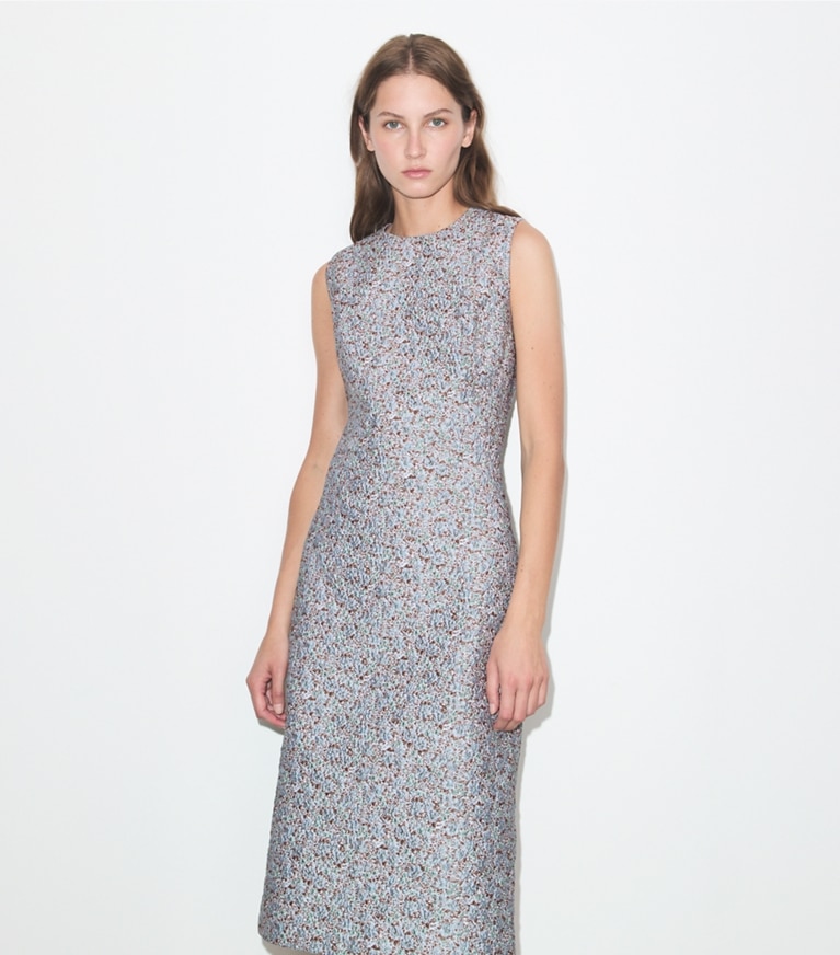Tory Burch designer dresses Jacquard Dress in Blue Floral on model detail