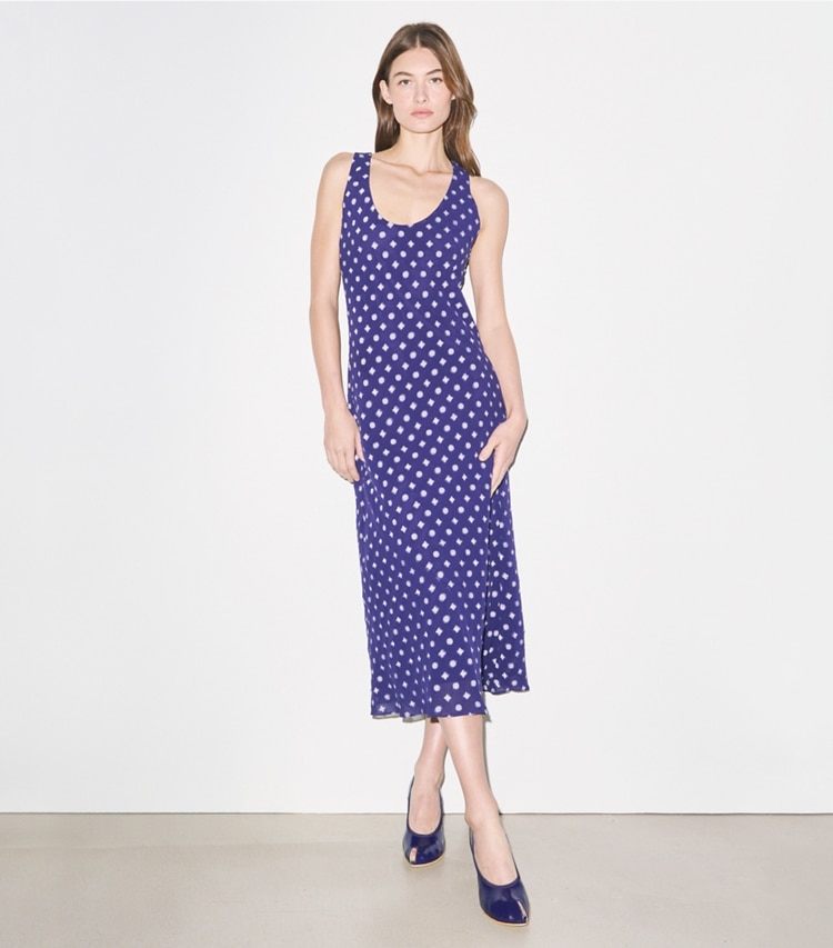 Tory Burch designer dresses Jacquard Dress in Ballpoint Ink Nothing Ditsy on model front