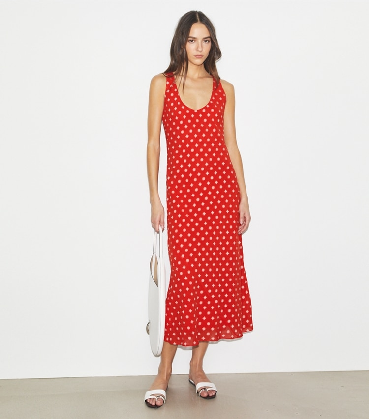 Tory Burch designer dresses Jacquard Dress in Pepperoncini Nothing Ditsy on model front