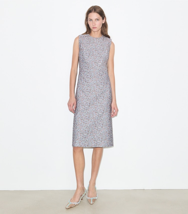 Tory Burch designer dresses Jacquard Dress in Blue Floral on model front