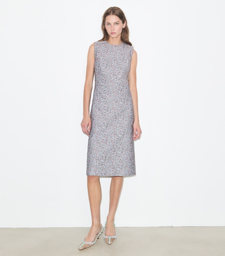 Tory Burch designer dresses Jacquard Dress in Blue Floral on model front