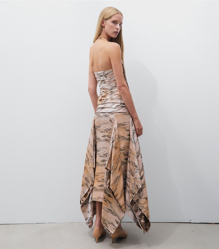 Tory Burch designer dresses Jacquard Halter Dress in Peach Lounging Lady on model back