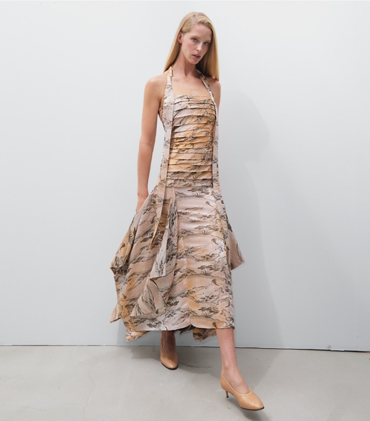Tory Burch designer dresses Jacquard Halter Dress in Peach Lounging Lady on model front