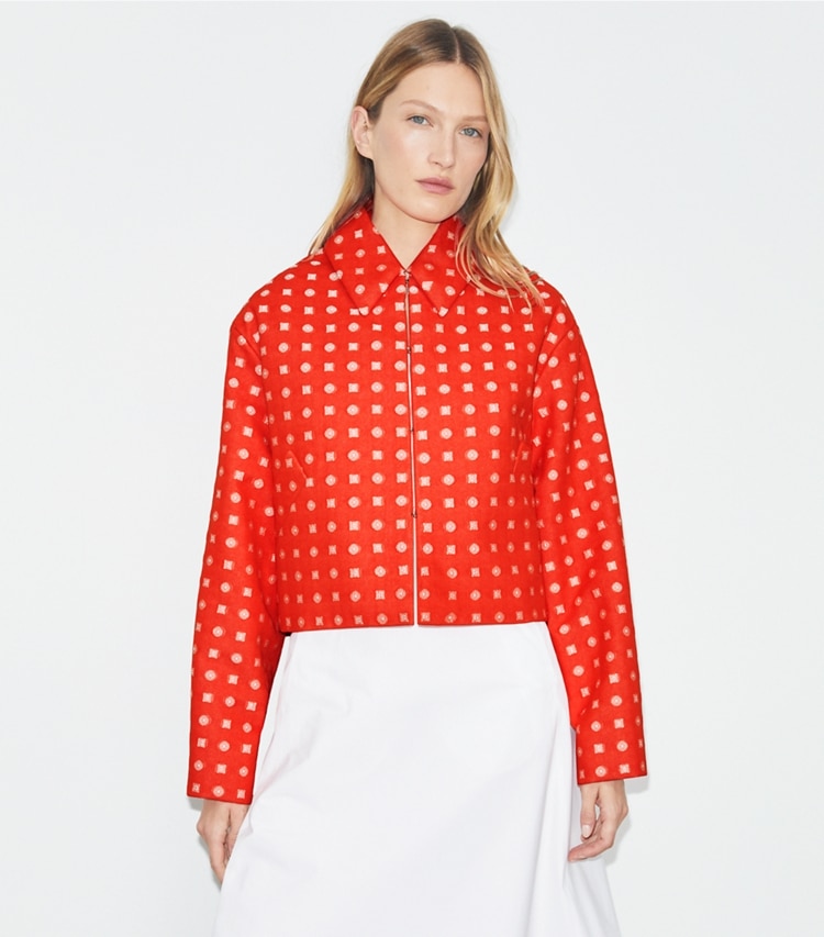 Tory Burch designer jackets Jacquard Jacket in Pepperoncini Nothing Ditsy on model detail