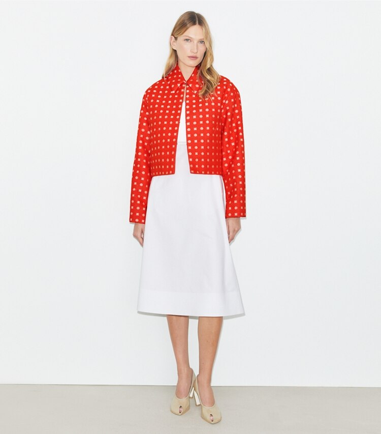 Tory Burch designer jackets Jacquard Jacket in Pepperoncini Nothing Ditsy on model front