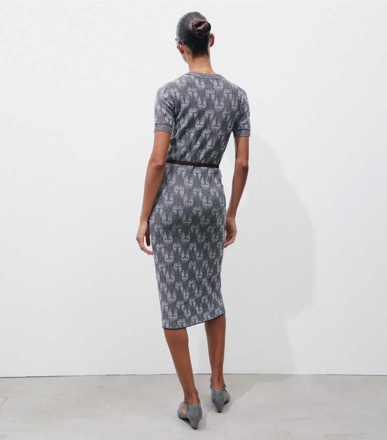 Tory Burch designer dresses Jacquard Logo Dress in Cool Mist / Chocolate on model back