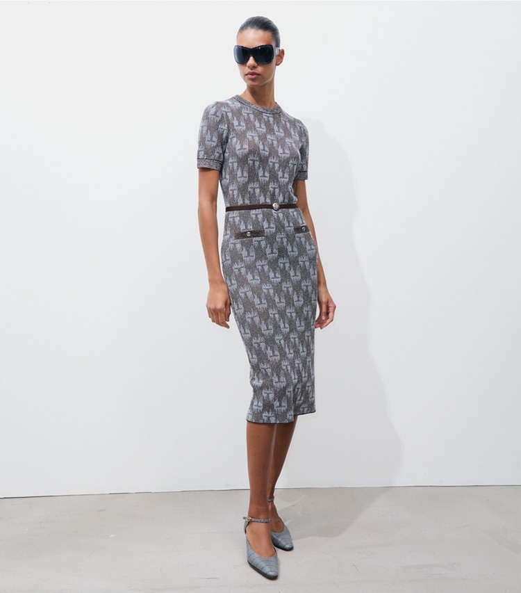 Tory Burch designer dresses Jacquard Logo Dress in Cool Mist / Chocolate on model front