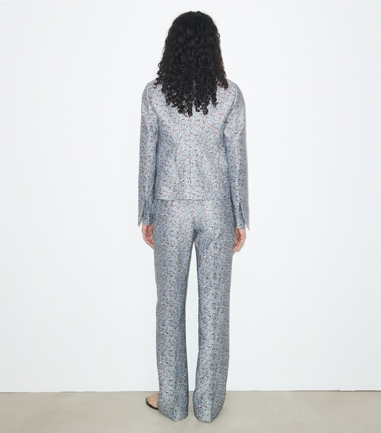 Tory Burch designer bottoms Jacquard Pant in Blue Floral on model back