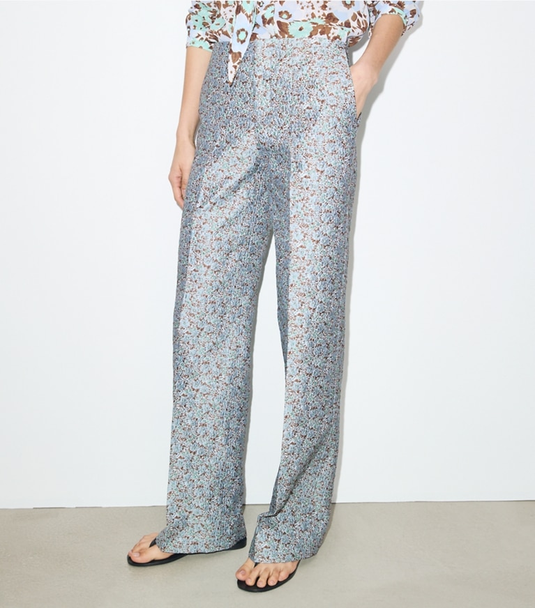 Tory Burch designer bottoms Jacquard Pant in Blue Floral on model detail