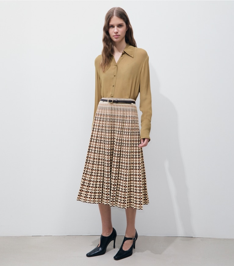 Tory Burch designer ボトムス ジャガード プリーツスカート in Oatmeal T Link モデル前面