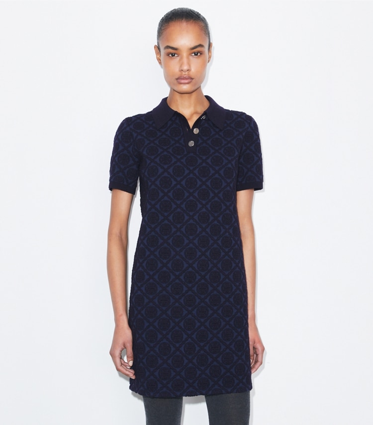 Tory Burch designer dresses Jacquard Polo Dress in Medium Navy / Black on model detail