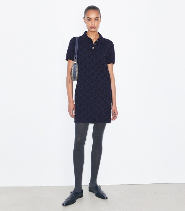 Tory Burch designer dresses Jacquard Polo Dress in Medium Navy / Black front