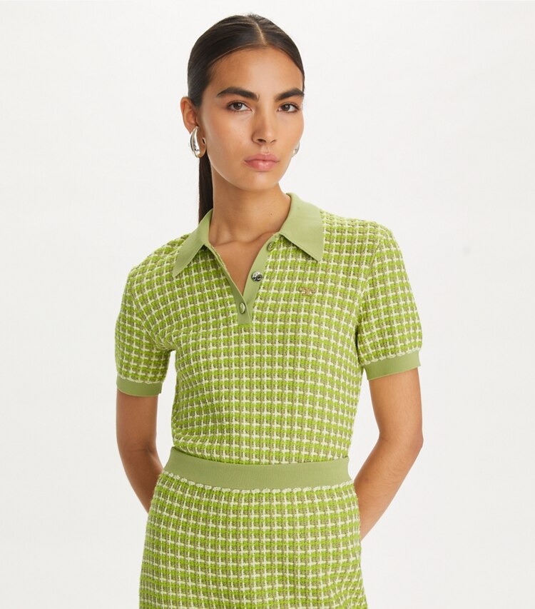 Tory Burch designer セーター ジャカード ポロセーター in Dark Mint on model detail