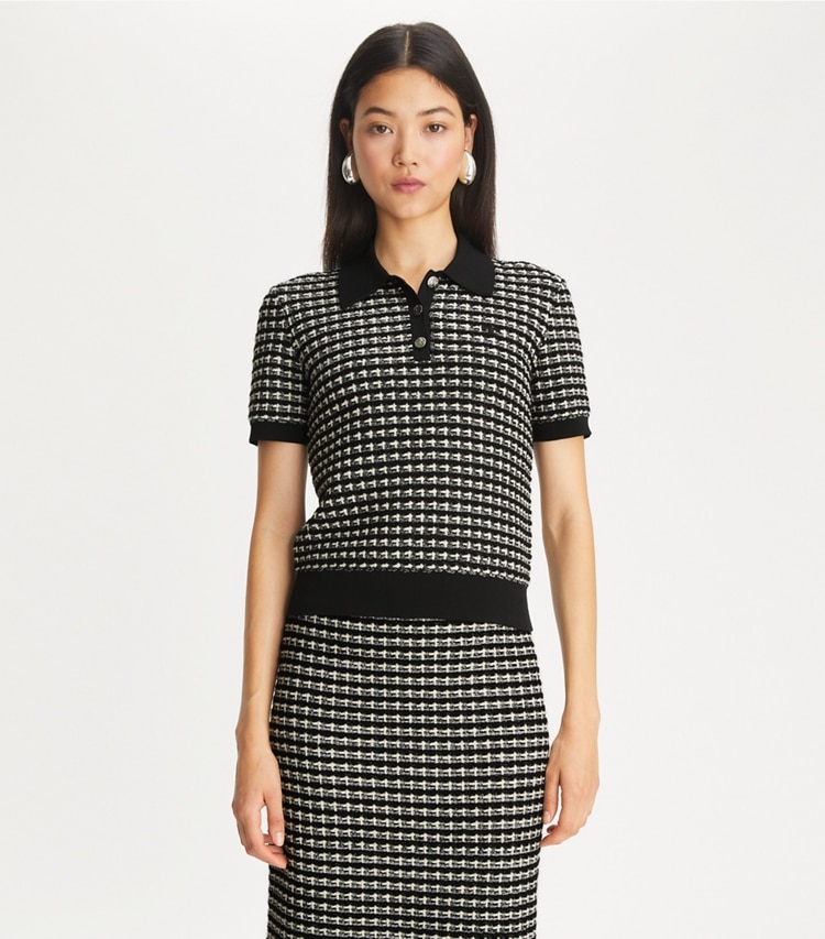 Tory Burch designer sweaters Jacquard Polo in Black / Green on model detail