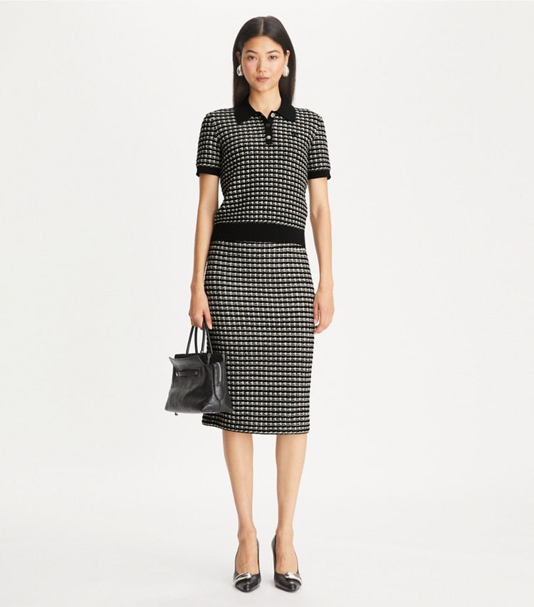 Tory Burch designer sweaters Jacquard Polo in Black / Green on model front