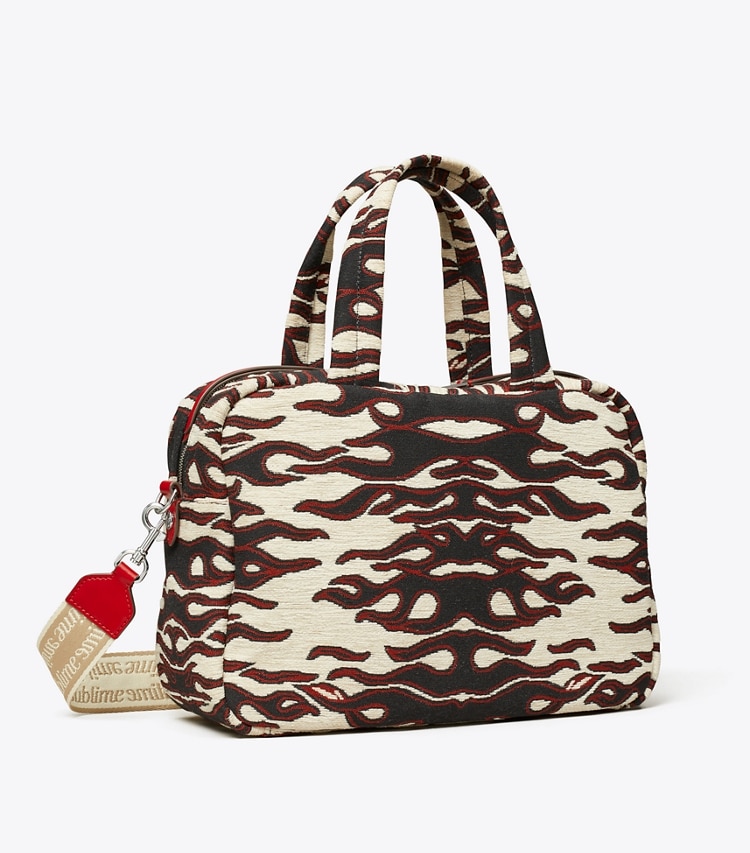 Tory Burch designer crossbody bags Jacquard Satchel in Black/Red angle
