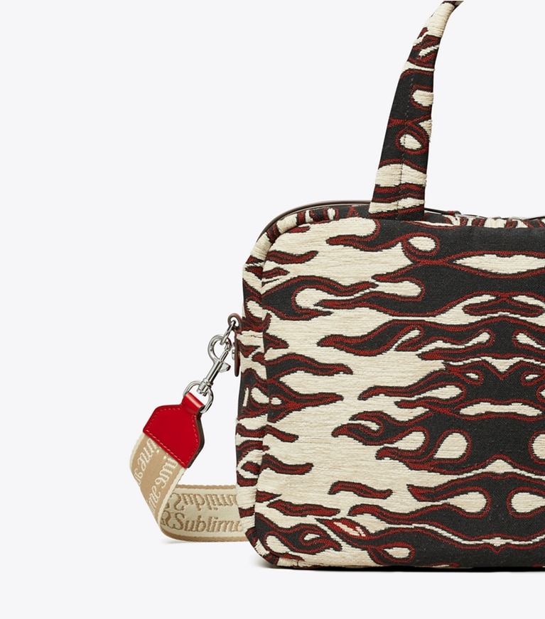 Tory Burch designer crossbody bags Jacquard Satchel in Black/Red angle