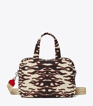 Tory Burch designer crossbody bags Jacquard Satchel in Black/Red front
