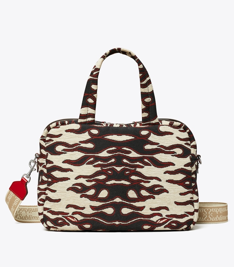 Tory Burch designer crossbody bags Jacquard Satchel in Black/Red front