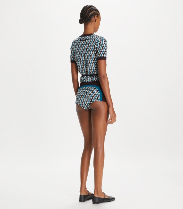 Tory Sport designer bottoms Jacquard Short in Aqua Blue Linked Geo 3 Color on model back