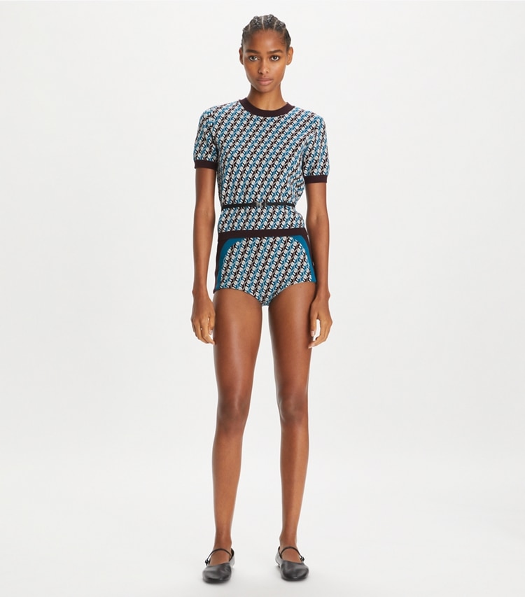 Tory Sport designer bottoms Jacquard Short in Aqua Blue Linked Geo 3 Color on model front