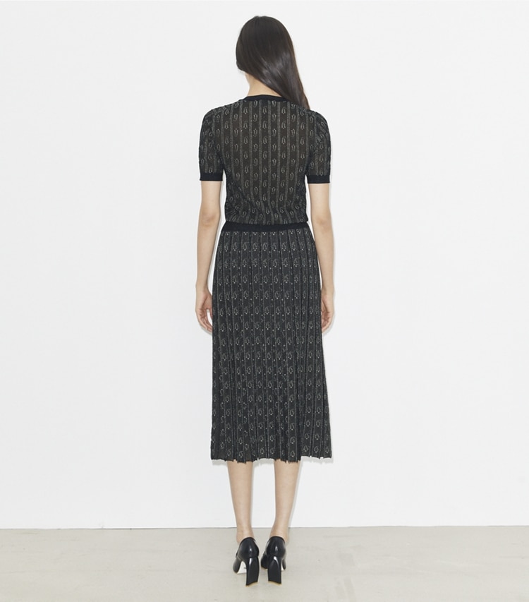 Tory Burch designer bottoms Jacquard Skirt in Metallized Navy / Metallized Champagne on model back