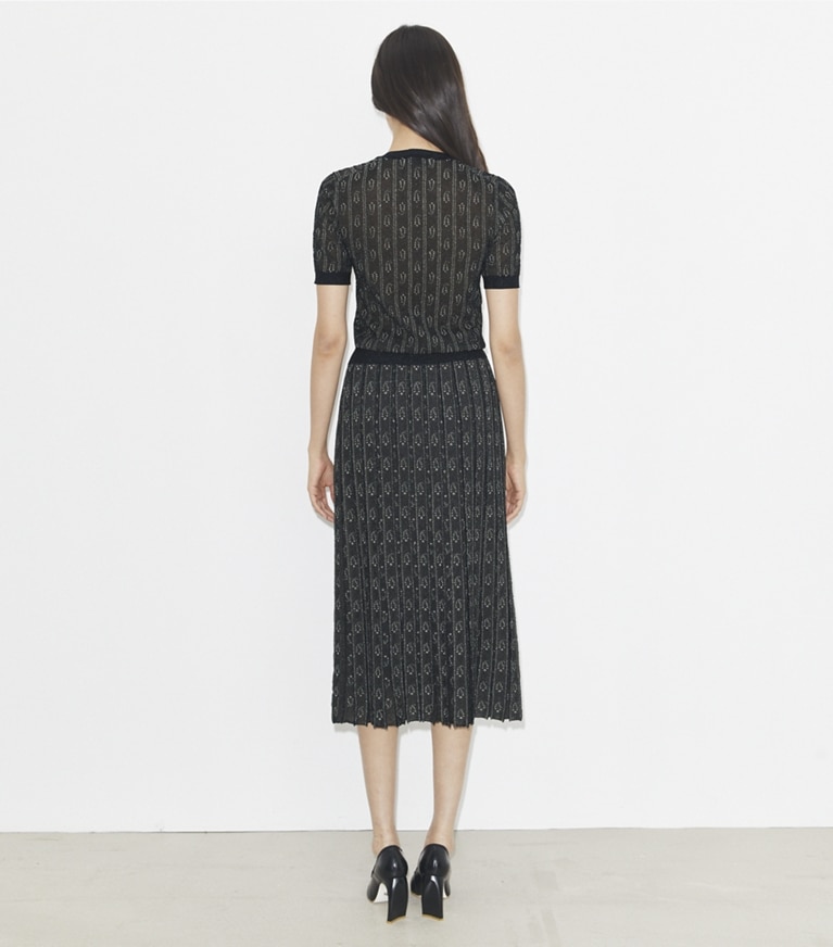 Tory Burch designer bottoms Jacquard Skirt in Metallized Navy / Metallized Champagne front