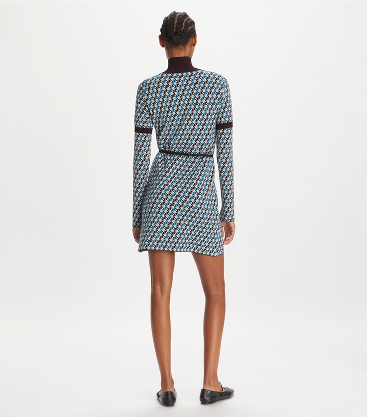 Tory Sport designer dresses Jacquard Sweater Dress in Aqua Blue Linked Geo 3 Color on model back
