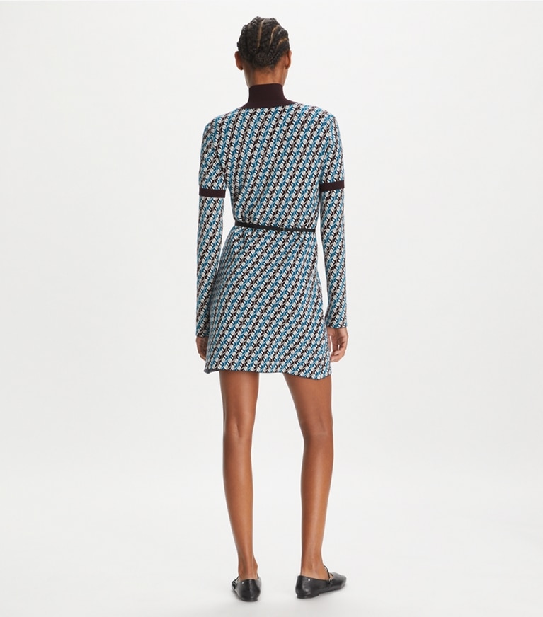 Tory Sport designer dresses Jacquard Sweater Dress in Aqua Blue Linked Geo 3 Color front