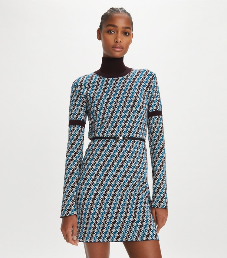 Tory Sport designer dresses Jacquard Sweater Dress in Aqua Blue Linked Geo 3 Color on model detail