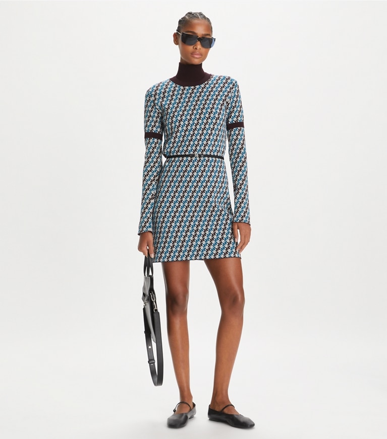 Tory Sport designer dresses Jacquard Sweater Dress in Aqua Blue Linked Geo 3 Color front