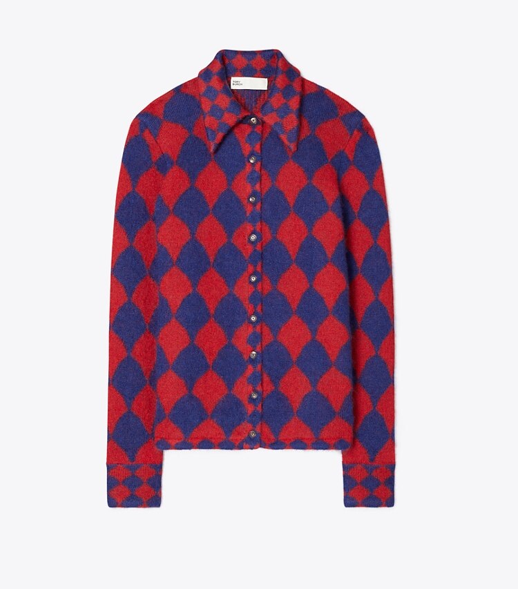 Tory Burch designer sweaters Jacquard Sweater in Indigo Sky / Red Flame front