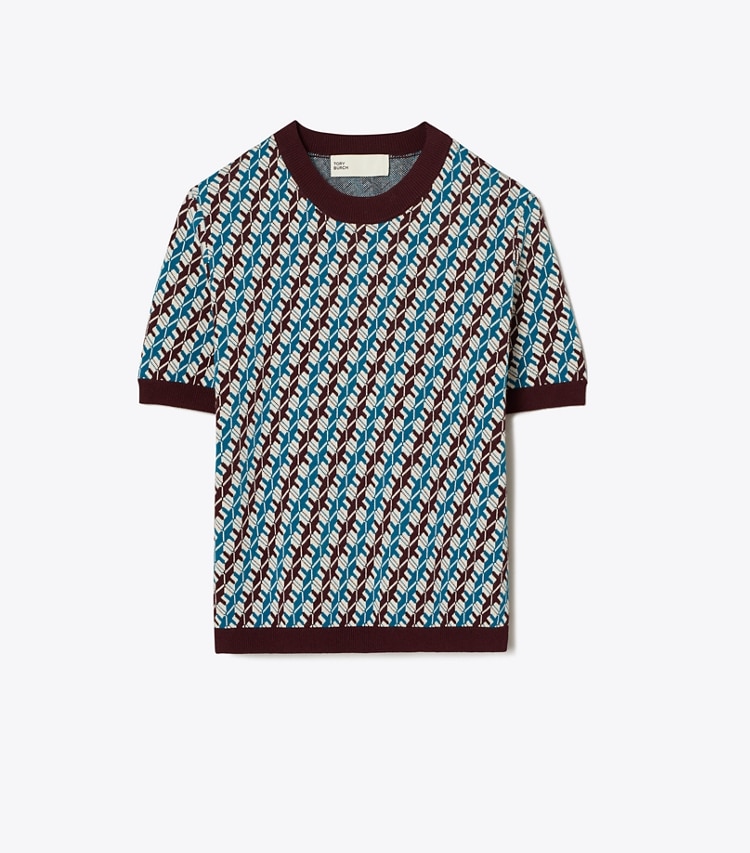 Tory Sport designer sweaters Jacquard Sweater in Aqua Blue Linked Geo 3 Color front