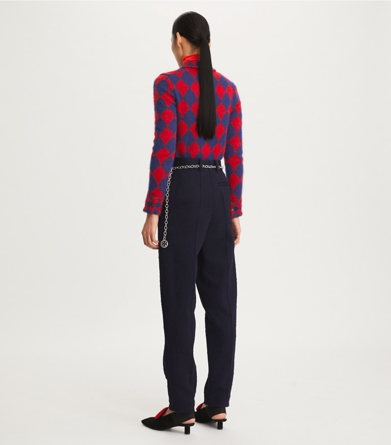 Tory Burch designer sweaters Jacquard Sweater in Indigo Sky / Red Flame front