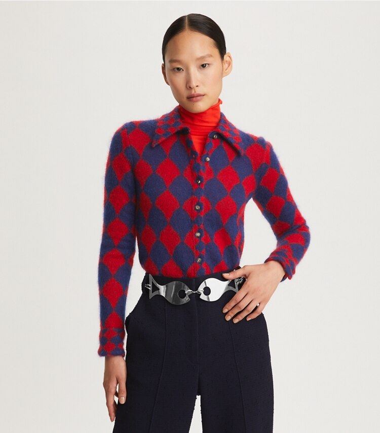 Tory Burch designer sweaters Jacquard Sweater in Indigo Sky / Red Flame on model detail